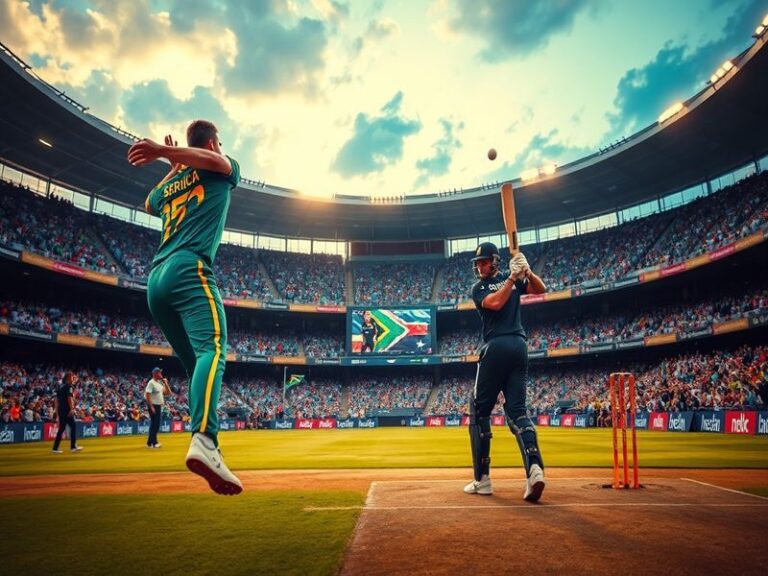 An action shot of a cricket match between South Africa and New Zealand, featuring players in their national uniforms, a packe
