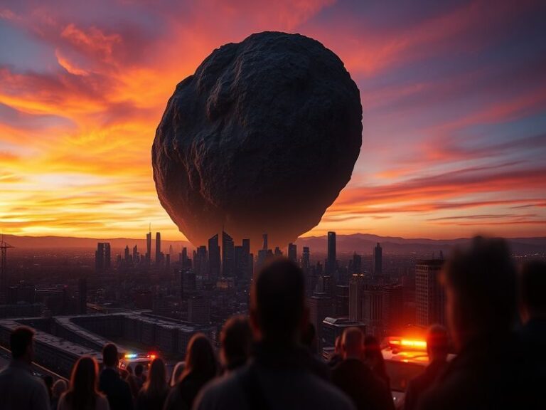An illustration of an asteroid approaching Earth, featuring a dramatic view of the planet and the asteroid in the foreground