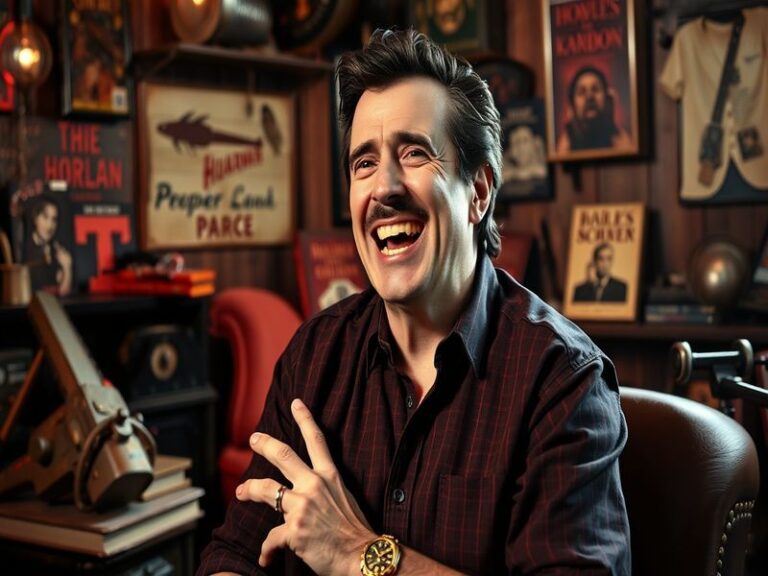 A dynamic portrait of Bruce Campbell, showcasing his iconic smile and confident demeanor, set against a backdrop of horror-th