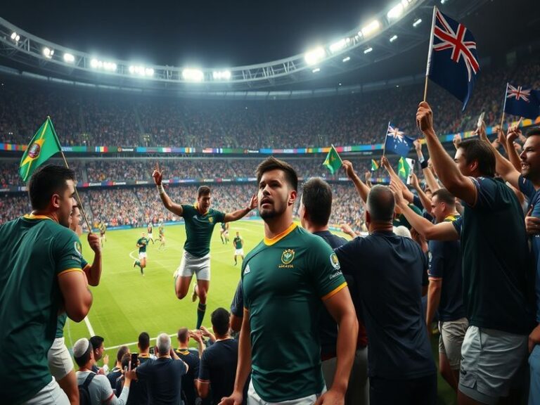 A dynamic action shot of two rugby teams mid-match, with South Africa in green and gold and New Zealand in black, set against
