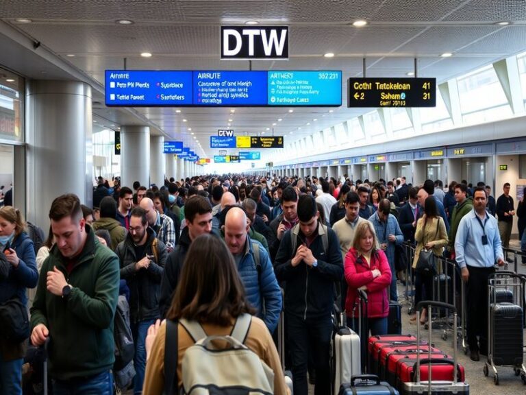 A bustling airport scene at DTW with travelers navigating through TSA security lines, showcasing the busy atmosphere and urge