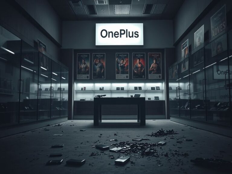 A somber image of a OnePlus smartphone on a wooden table, with a blurred background of a tech store, evoking feelings of nost