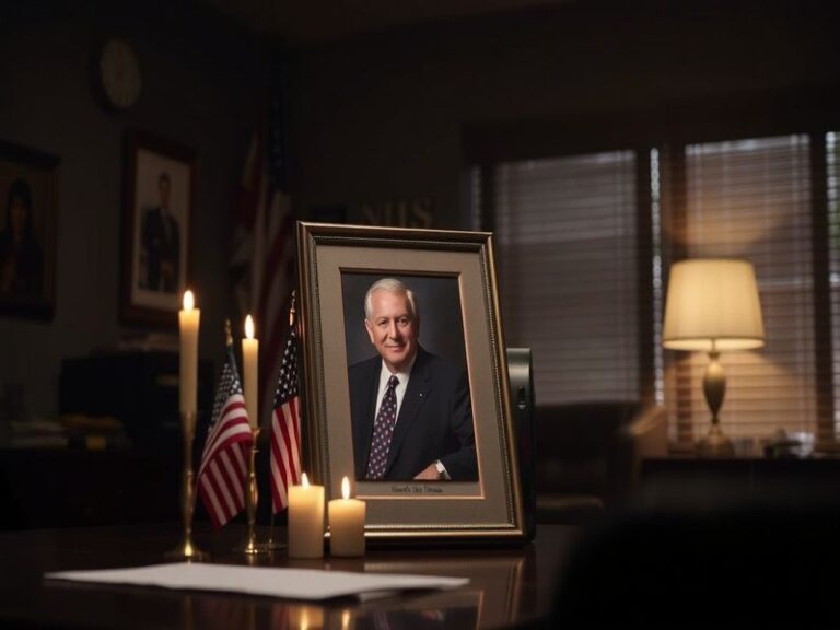 A somber image depicting the NCIS team in mourning, reflecting their loss, with a backdrop of the NCIS headquarters.