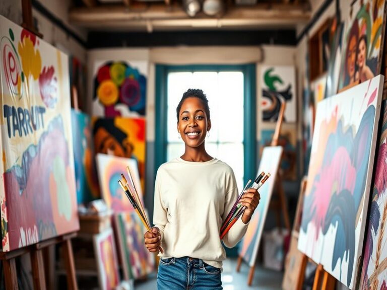 A vibrant photo of Kymora Johnson in a stylish urban setting, smiling while holding a smartphone, with a modern apartment and