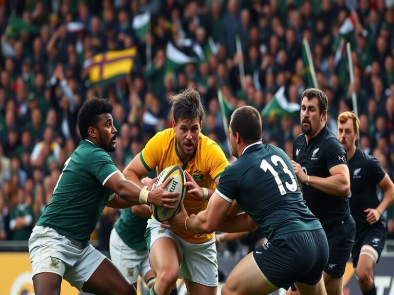 An action-packed scene from a rugby match between South Africa and New Zealand, showcasing players in vibrant team colors wit