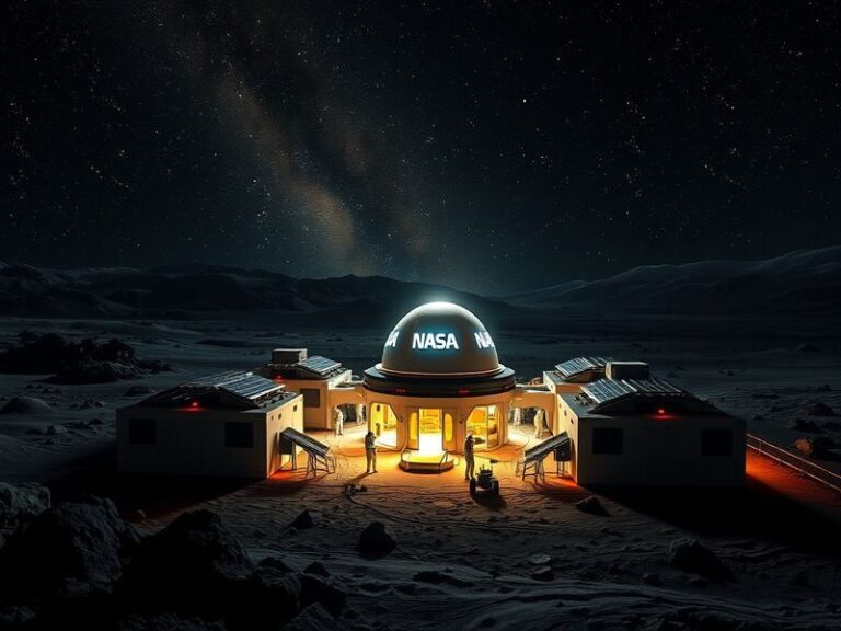 An artistic rendering of a futuristic NASA Moon base, showcasing domed habitats, solar panels, and astronauts conducting expe