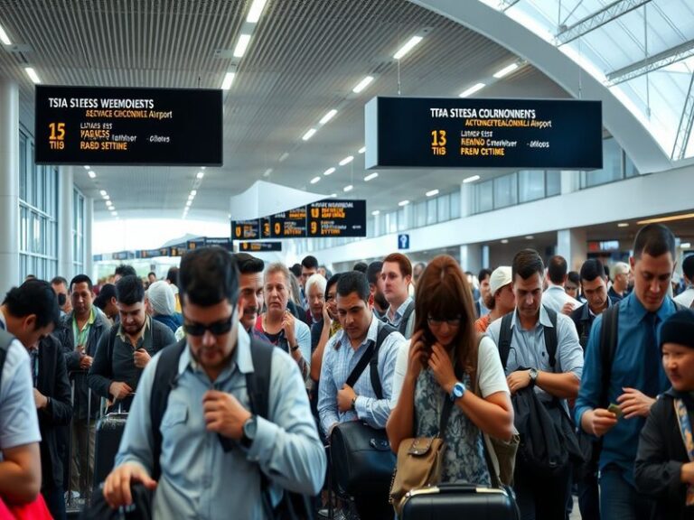 A bustling airport security line at IAH, showcasing travelers with luggage and TSA agents in action, creating a sense of urge