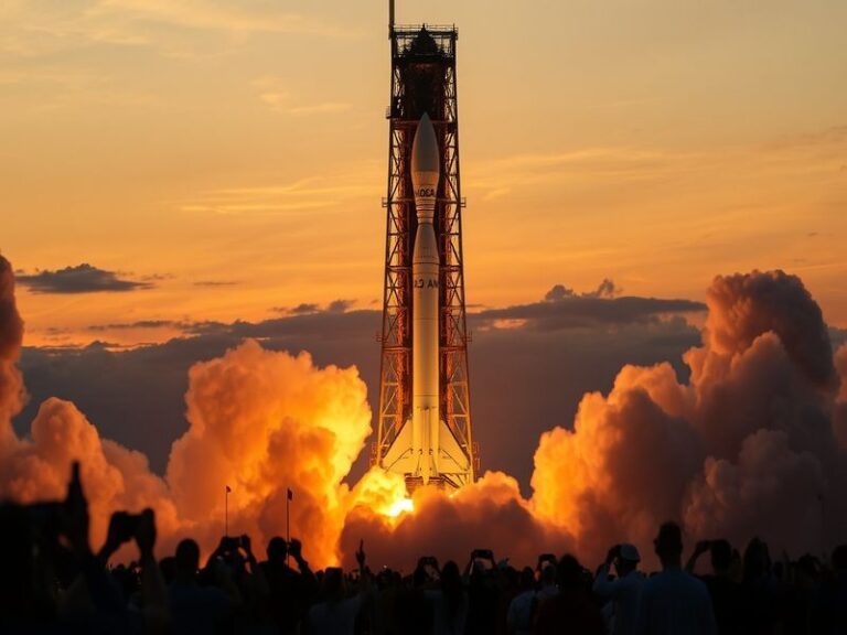 A detailed illustration of the Artemis 2 mission profile showing the Orion spacecraft in lunar orbit with Earth visible in th