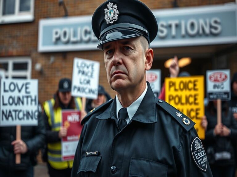 A police officer standing outside a police station, with a concerned community member in the foreground, capturing the tensio