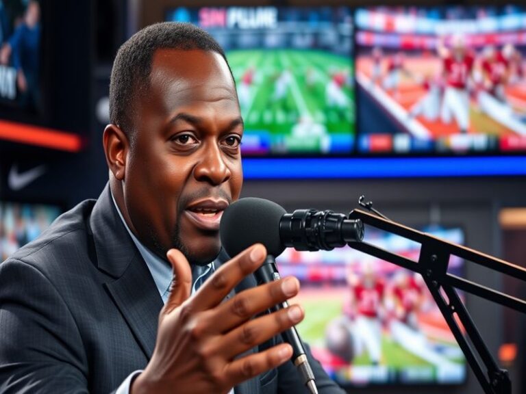 A portrait of Jason Whitlock speaking passionately on a television set, with sports memorabilia in the background, conveying