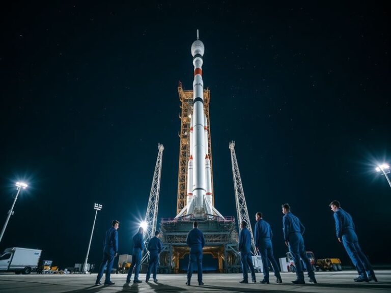 A high-resolution illustration of the Space Launch System rocket lifting off from Kennedy Space Center's Launch Complex 39B,