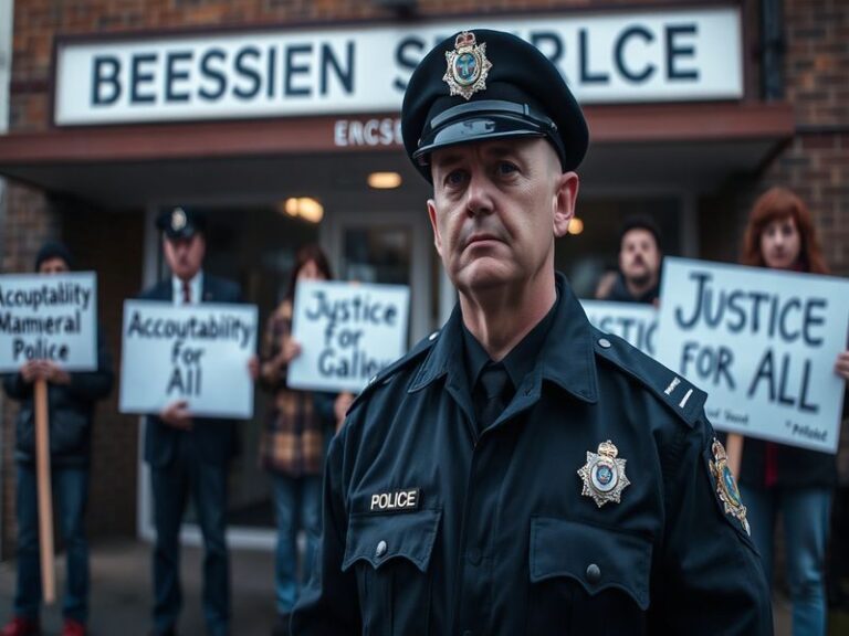 An image depicting a police badge with a blurred background of a police car, symbolizing the theme of law enforcement integri