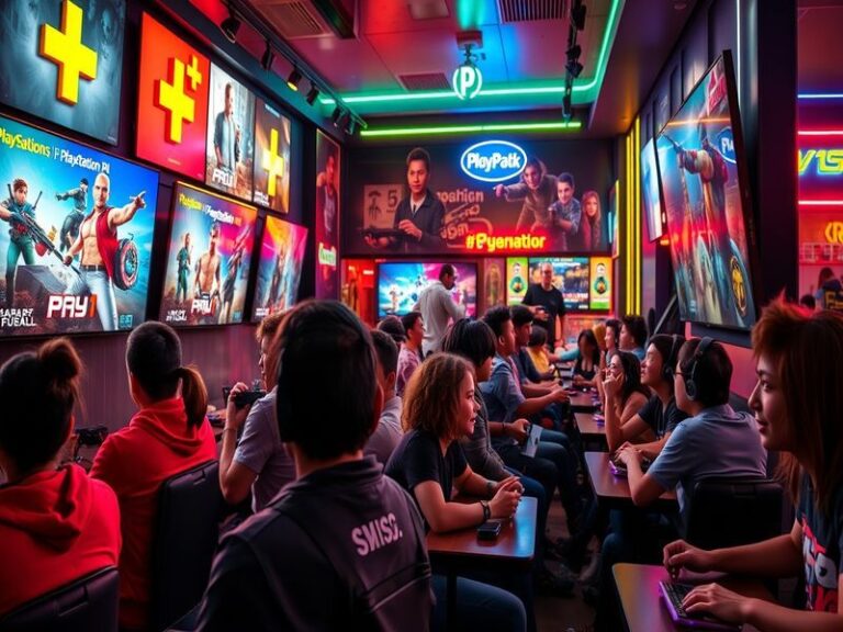 A vibrant graphic showcasing iconic PlayStation characters and logos, set against a backdrop of various game landscapes, crea