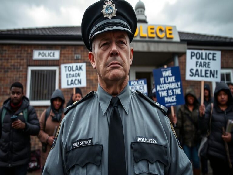 A courtroom sketch of an Essex Police officer in uniform standing before a disciplinary panel, with a somber judge and commun