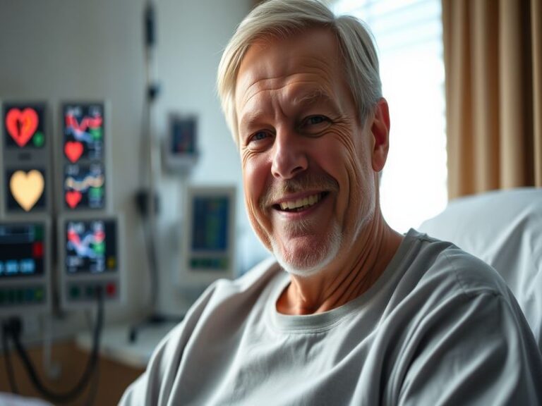 An image of Sam Champion in a hospital setting, surrounded by family, showing a mix of determination and hope.
