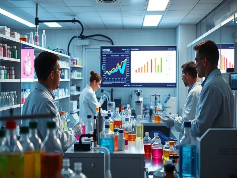 A modern laboratory setting featuring researchers in lab coats working on advanced biopharmaceutical projects, with equipment