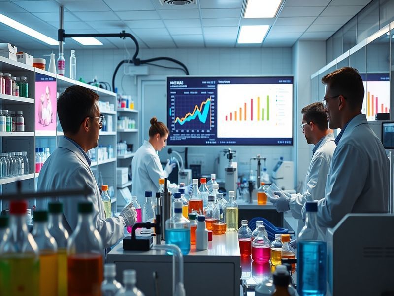 A modern laboratory setting featuring researchers in lab coats working on advanced biopharmaceutical projects, with equipment