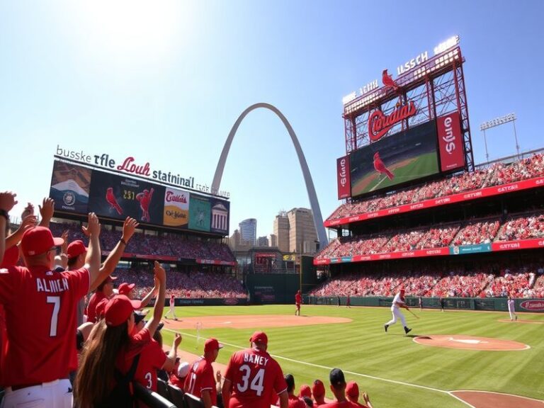 A vibrant image of Busch Stadium packed with enthusiastic fans during a St. Louis Cardinals game, showcasing the excitement a