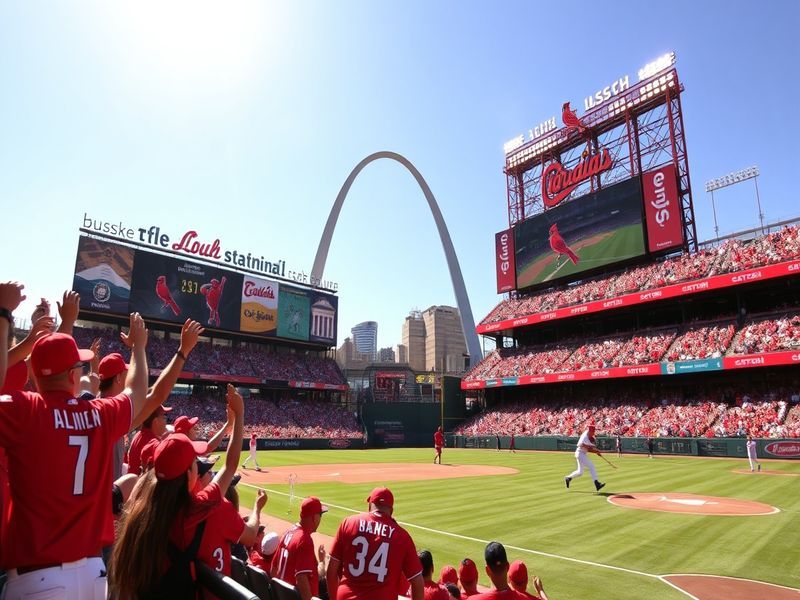 A vibrant image of Busch Stadium packed with enthusiastic fans during a St. Louis Cardinals game, showcasing the excitement a