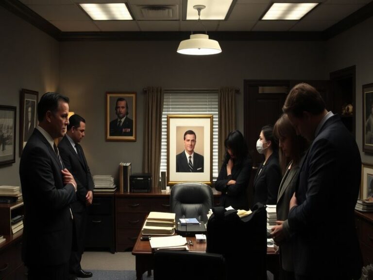 A dramatic scene from NCIS featuring Director Leon Vance (Rocky Carroll) in a dark suit, standing in the NCIS headquarters wi