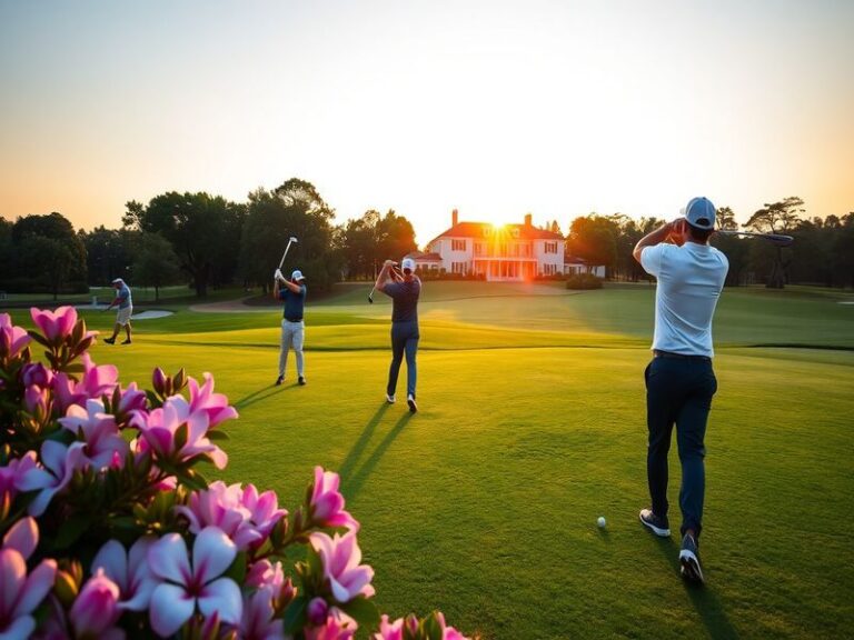 An image showcasing the iconic Augusta National Golf Club, featuring lush green fairways, blooming azaleas, and players in ac