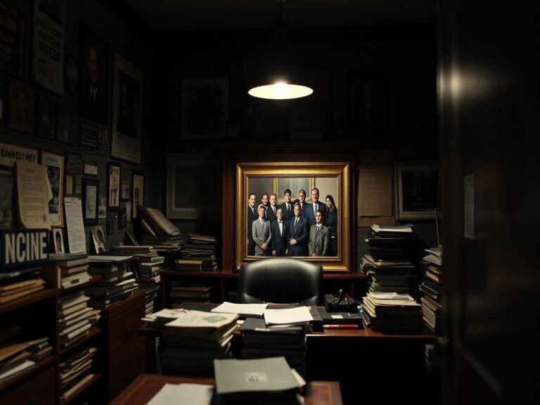 A dramatic shot of Rocky Carroll as NCIS Director Leon Vance in his office, surrounded by case files, with a somber expressio