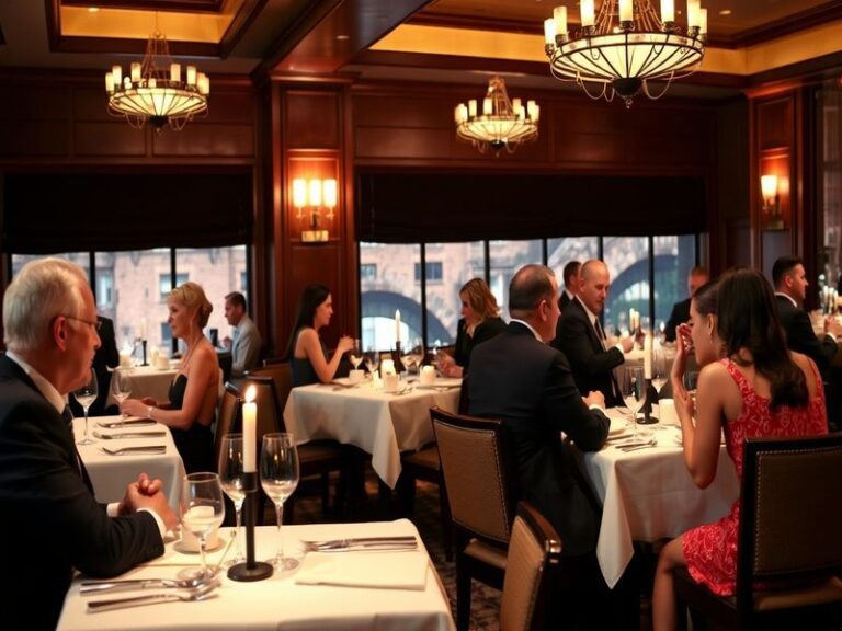 An elegant dining setup at Ruth's Chris Steak House, featuring beautifully arranged tables with soft lighting and upscale dec