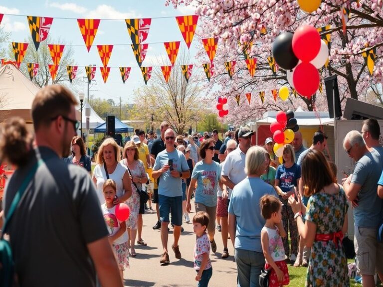 A vibrant scene of Maryland Day celebrations, featuring reenactors in colonial attire, local food stalls, and families enjoyi