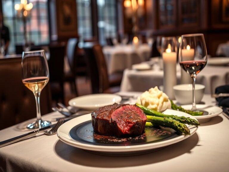 A beautifully set dining table at Ruth's Chris Steak House, featuring elegant tableware, a sizzling steak on a hot plate, and