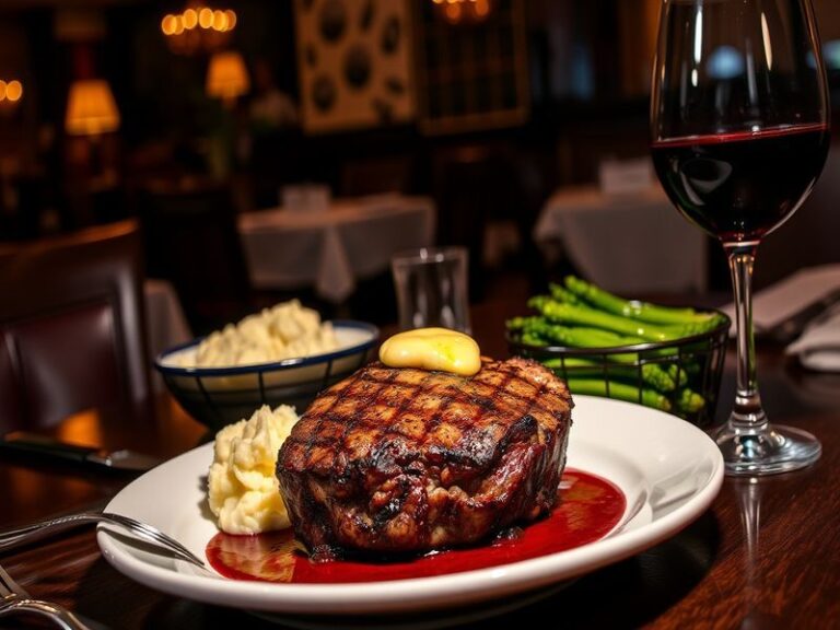 A well-lit, upscale interior of a Ruth’s Chris Steak House location, featuring dark wood paneling, leather booths, and a sizz