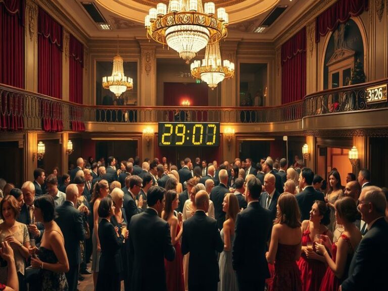 An image depicting a diverse group of people engaging in conversation during an intermission at a theater, with a warm and in