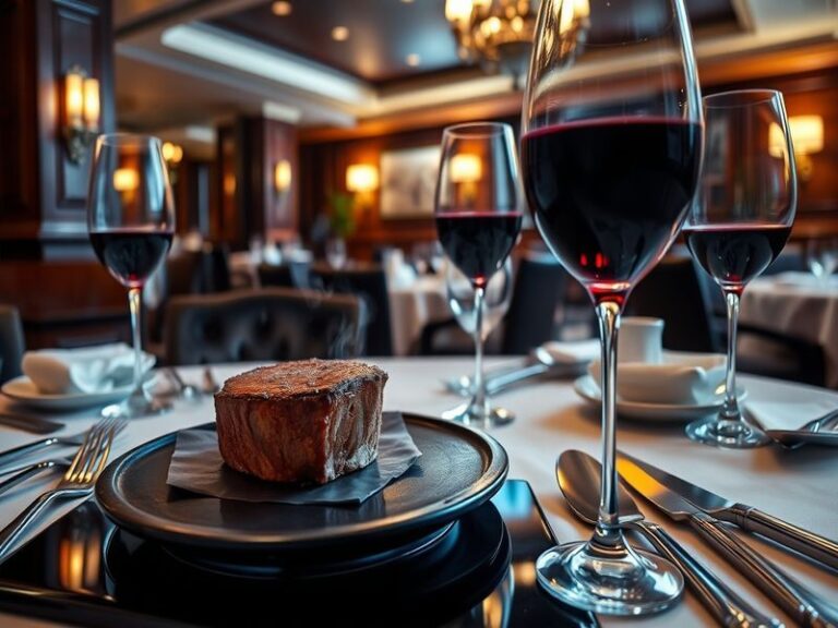 A high-end steakhouse interior with dark wood paneling, warm lighting, and a sizzling steak on a 500-degree cast-iron platter