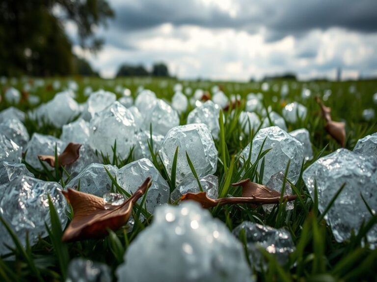 An image showcasing a variety of hailstones on a grassy surface, highlighting their different sizes and shapes against a natu