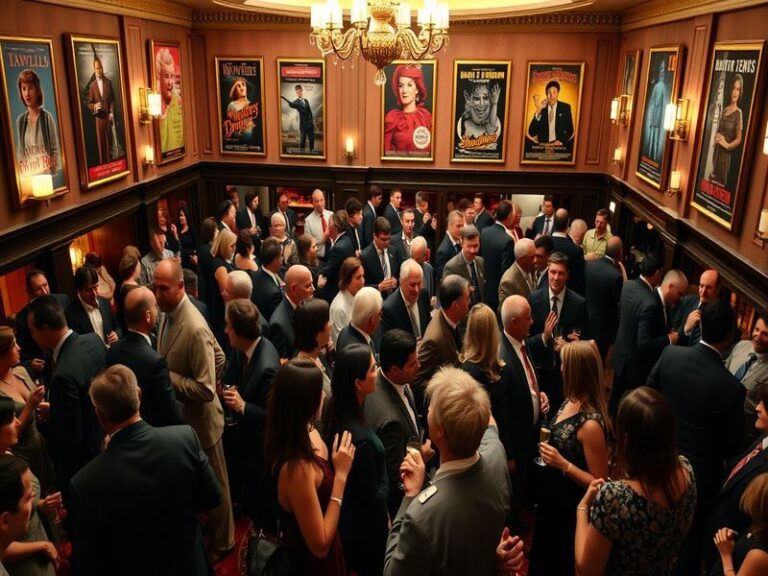 An engaging scene depicting a theater audience during an intermission, showcasing a lively atmosphere with people discussing