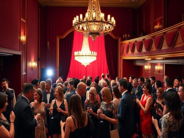 A vibrant theater scene during an intermission, featuring an audience mingling, refreshments being served, and performers int