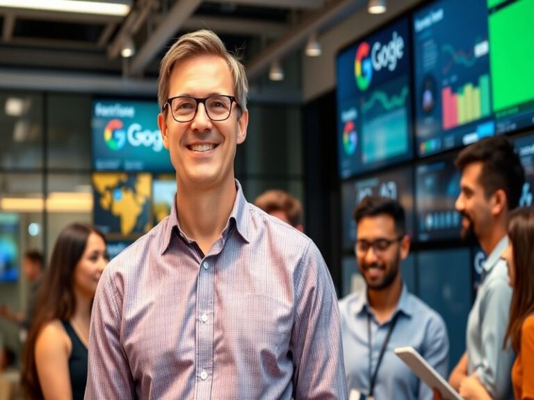 A professional portrait of Matt Brittin, showcasing his confident demeanor in a tech office setting, surrounded by digital sc