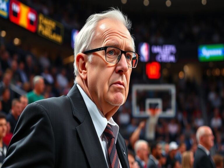 A portrait of Phil Jackson on the sidelines during a game, focused and engaged, with players in action in the background.