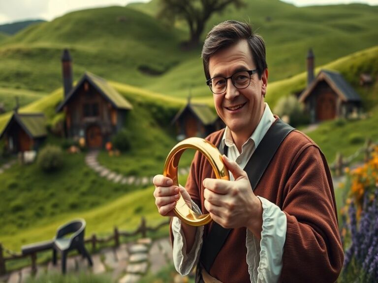 Stephen Colbert in a Gandalf costume during a 2009 sketch on The Colbert Report, holding a staff and speaking into a micropho