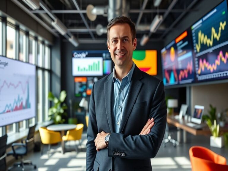A professional portrait of Matt Brittin in a modern office setting, showcasing a confident demeanor and a backdrop of digital