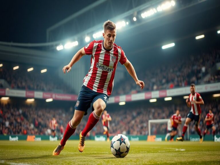 A dynamic action shot of Graham Carey during a football match, showcasing his agility and focus on the ball, with fans cheeri