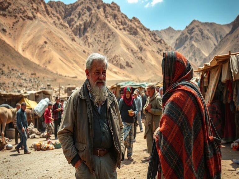 A portrait of Dennis Coyle in an Afghan village, engaging with local community members, showcasing a backdrop of mountains an