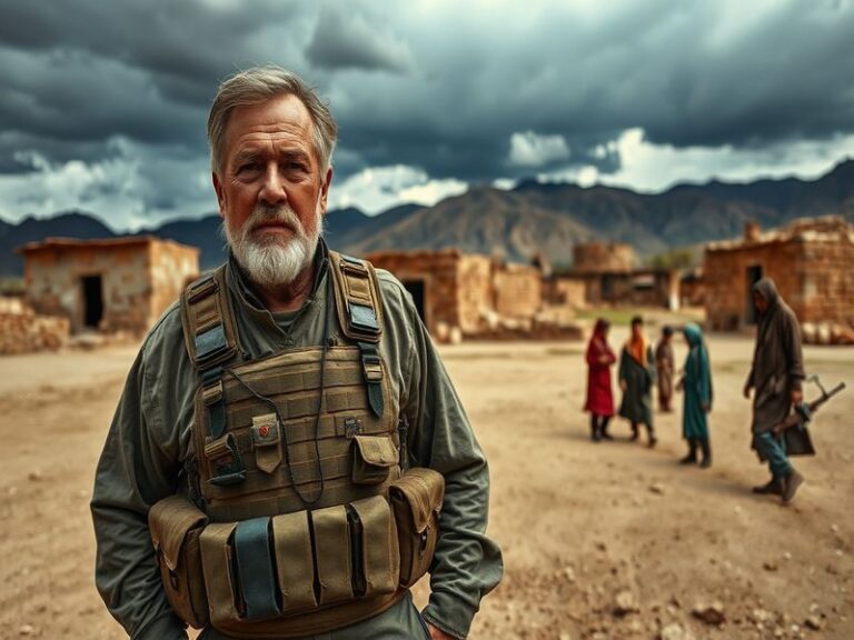 An image depicting Dennis Coyle in a discussion with Afghan community leaders, showcasing cultural elements and the setting o