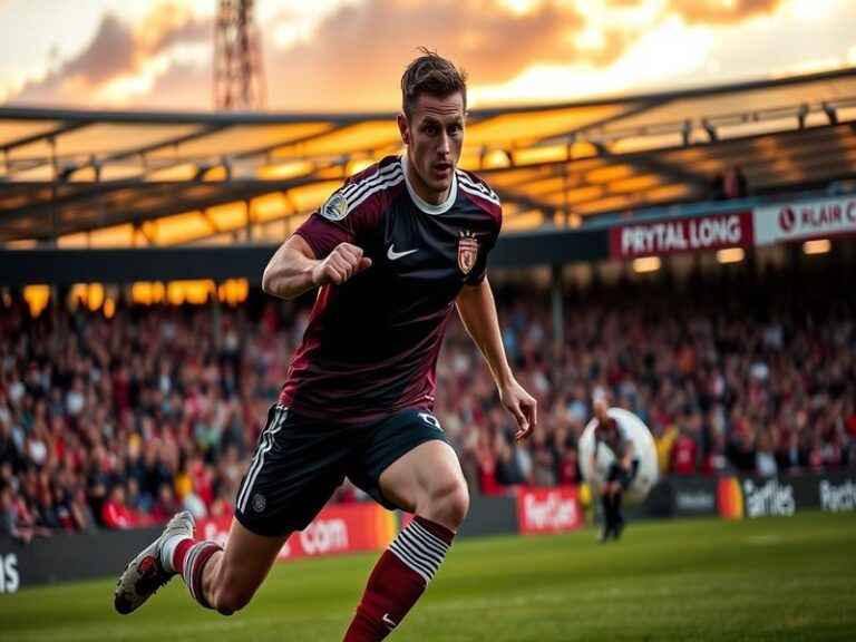 A dynamic action shot of Graham Carey playing in a football match, showcasing his focus and determination, with fans cheering