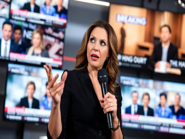 A professional headshot of Abby Huntsman speaking at a podium, with a modern news studio background, warm lighting, and a con