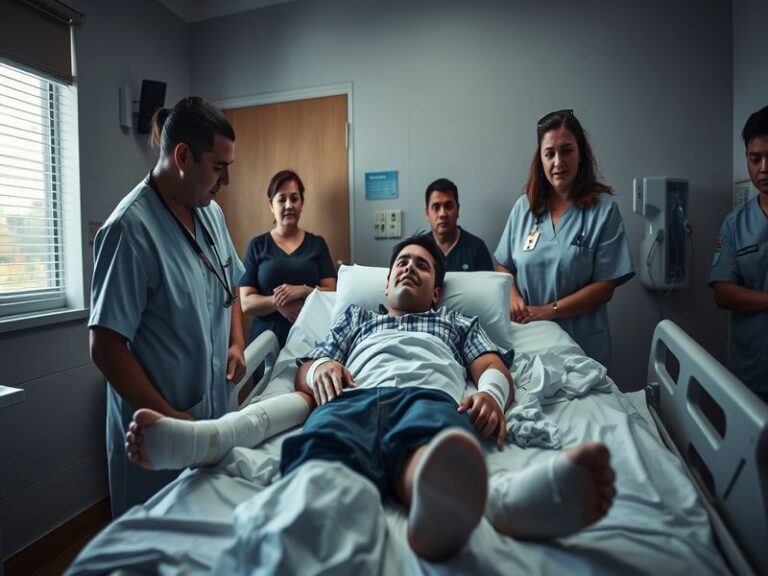 An image depicting a somber hospital room with rehabilitation equipment, symbolizing recovery and the impact of gun violence.