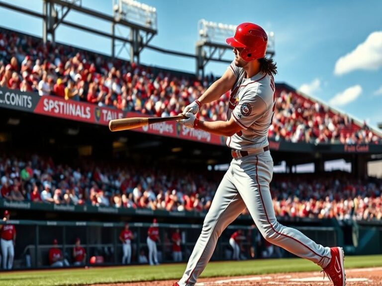 A dynamic action shot of Randal Grichuk in a baseball uniform, catching a fly ball in an outfield during a game, showcasing h