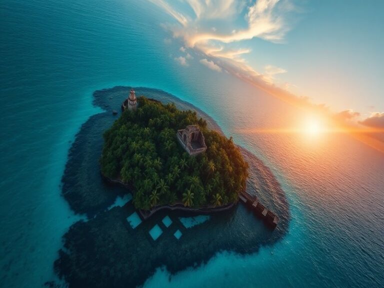 A stunning aerial view of a lush, green forgotten island surrounded by turquoise waters, showcasing its natural beauty and is