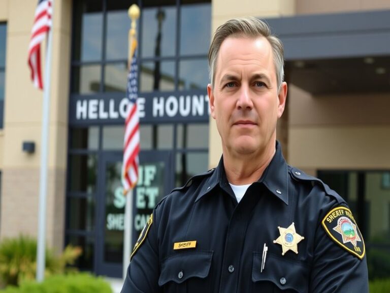 A portrait of Chad Bianco in his sheriff's uniform, standing in front of a Riverside County Sheriff's Department vehicle, wit
