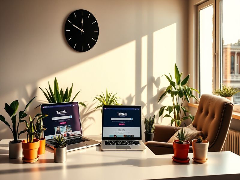 A split-screen image showing a modern suburban home with a TalkTalk fibre-optic cable connection on one side, and a frustrate