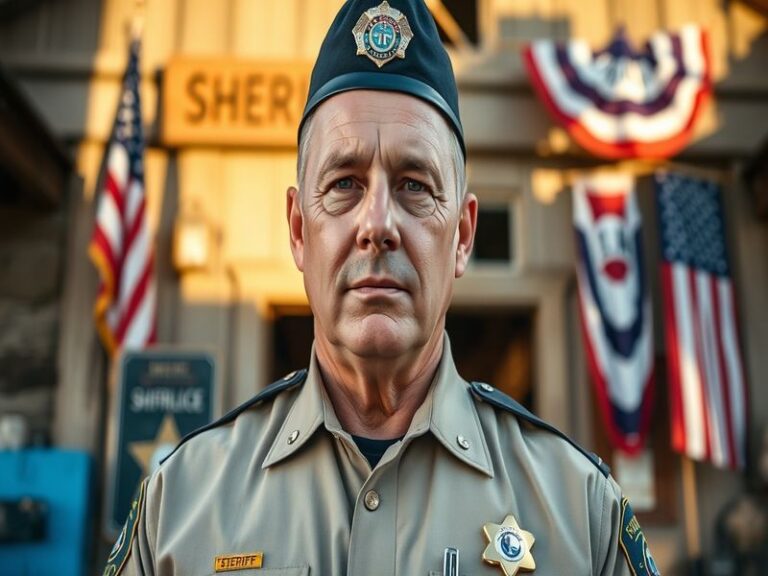 A portrait of Chad Bianco in uniform, standing in front of a Riverside County Sheriff's Department vehicle, exuding authority